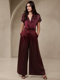 Dark Cherry Red, Silk Pant, Royal Outfits, Womenswear Fashion, Ultra Wide, Boho Pants, Bow Detail Dress, High Waist Fashion, Classy Casual