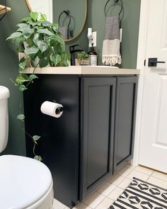 a bathroom with a toilet, sink and green plants on the counter top in front of it