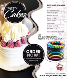 an advertisement for a cake shop with cakes on it