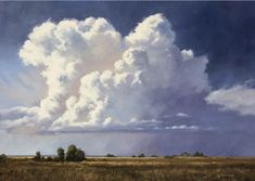 a painting of clouds in the sky over an open field with trees and grass on either side