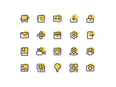 the icon set includes different types of buttons and other symbols, including icons that are yellow