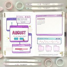 chardangerfield.art on instagram Bujo Journal Ideas, August Bujo, Journal Monthly Spread, Bullet Journal Layout Ideas, Bullet Journal Spread Ideas, Monthly Bullet Journal, Reading Journal Ideas, Journal Layout Ideas, Happy August