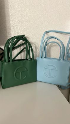 #telfar Telfer Bag, Girly Essentials, Aesthetic Shoulder Bag, Cute Purses, 8th Grade, Lookbook Outfits, Hand Bags, Forest Green, Baby Blue