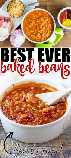 the best ever baked beans recipe in a white bowl on a wooden table with text overlay