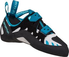 a black and blue climbing shoe