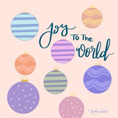 a pink background with ornaments and the words joy to the world