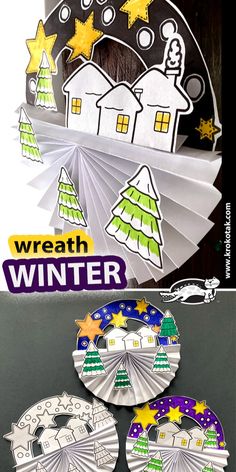 some paper decorations are on display in front of a sign that says wreath and winter