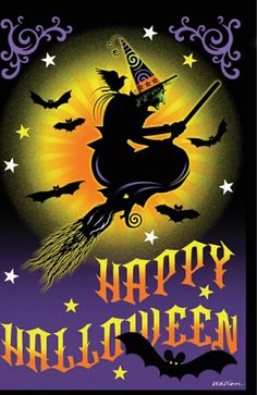 an image of a happy halloween card with witches flying over the moon and bats in the sky