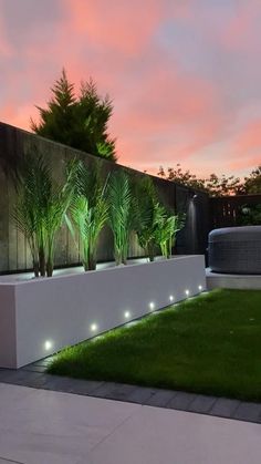 a modern garden at dusk with lights on the planters and grass in the foreground