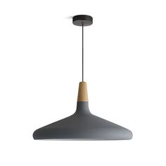 a gray and wooden light hanging from a ceiling