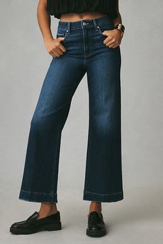 93% cotton, 5% polyester, 2% elastane Five-pocket styling Front zip Machine wash Imported | The Anessa High-Rise Crop Wide-Leg Jeans by PAIGE in Blue, Women's, Size: 30, Polyester/Cotton/Elastane at Anthropologie Slim Wide Leg Jeans, Black Wide Leg Jeans, Cropped Wide Leg Jeans, New Jeans Style, Jean Top, Leg Jeans, Wide Leg Jeans, Top Brands, Wide Leg