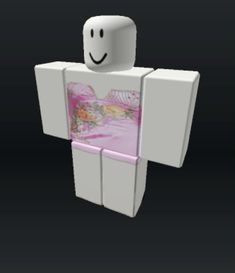 a white cube with a pink design on it's face and arms, standing in front of a black background