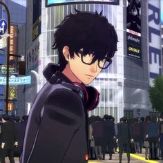 an anime character standing in the middle of a city street with people walking around him