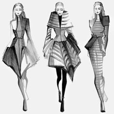 three models in dresses and masks walking down the runway at fashion week, sketched by an artist