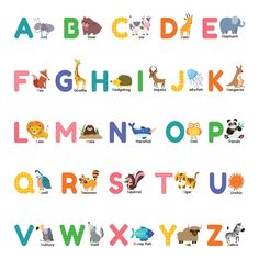 an alphabet with different animals and letters on the upper half of it, including one for each letter