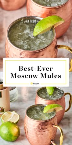 two moscow mules with lime garnish in copper mugs and the title overlay reads best ever moscow mules