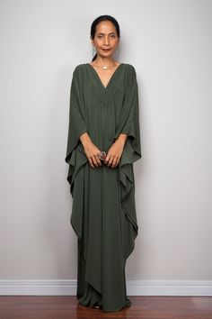 Kaftan Designs Moroccan, Dark Green V-neck Summer Dress, Dark Green V-neck Party Dress, Green Bohemian V-neck Beach Dress, Green Long Sleeve V-neck Dress For Beach, Dark Green Floor-length Maxi Dress, Green Long Sleeve V-neck Beach Dress, Green Flowy V-neck Dress, Olive Maxi Dress For Party