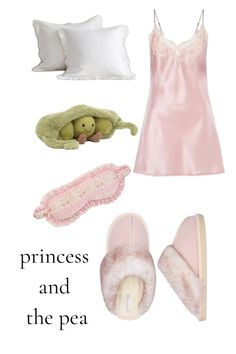 the princess and the pea costume is shown with slippers, mittens, pillows, and blanket