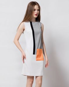 Modern dress/ A line dress/ elegant dress/ Custom made by Zepherra White Sleeveless Patchwork Mini Dress, White Sleeveless Mini Dress With Patchwork, White A-line Mini Dress In Mod Style, Mod Sleeveless Workwear Dresses, Modern White A-line Mini Dress, White Patchwork Dress For Work, Mod Style Sleeveless Orange Dress, Orange Sleeveless Patchwork Dress, White Mod Mini Length Dress