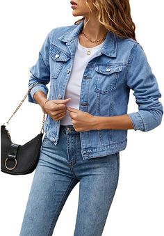 PRICES MAY VARY. Material:womensjean jacket is made of Denim and Polyester fabric ,offers lightweight/breathable and comfortable feeling. Features:Button Down ,Long Sleeve, Lapel Collar , chest pockets,,Kangaroo Pocket, chic design makes you elegant and charming. Match:denim jacket for women has multiple outfits,wear with blouse, t-shirt, leggings, jeans, can create a variety of style and adapt to different temperatures. Occasions:cropped jacket women is perfect for holiday, homecoming, dating, Women’s Denim Jacket, Spring Light Wash Denim Jacket With Buttoned Pockets, Casual Denim Blue Jacket With Snap Buttons, Casual Denim Jacket With Buttons, Medium Wash Casual Denim Jacket With Button Closure, Casual Medium Wash Denim Jacket With Button Closure, Trendy Denim Jacket With Buttons For Everyday, Casual Denim Jacket With Snap Buttons, Spring Everyday Denim Jacket With Buttons