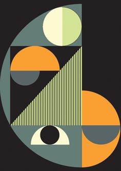 an abstract poster with circles and shapes on black background, in the style of art deco