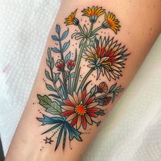 Premium Dandelion Tattoo Files Traditional Tattoos Floral, Sun Flower Collar Bone Tattoo, Dandelion And Wildflower Tattoo, American Traditional Dandelion Tattoo, Traditional Strawberry Tattoo, Yellow Dandelion Flower Tattoo, Folk Art Flowers Tattoo, Coloured Dandelion Tattoo, Folk Art Tattoo