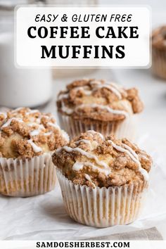 three muffins with icing on top and the words easy & gluten free coffee cake muffins