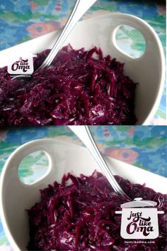 two bowls filled with red cabbage on top of a table