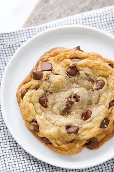 a chocolate chip cookie on a white plate