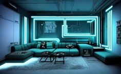 a living room filled with furniture and neon lights