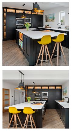 two pictures of the same kitchen with yellow stools and black cabinetry, white counter tops