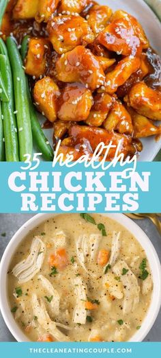 chicken and green beans with text overlay that reads 25 healthy chicken recipes