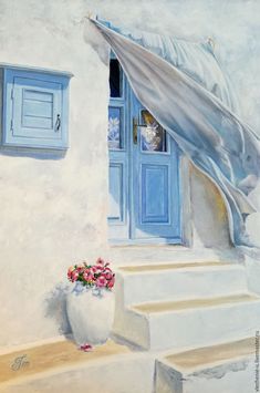 a painting of a blue door and white steps with flowers in a vase on the step