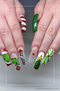 Christmas Grinch Nails, Grinch Nails, Disney Acrylic Nails, Hippie Nails, Nail Art For Beginners, Christmas Grinch, Pretty Nail Art Designs, Nails For Kids