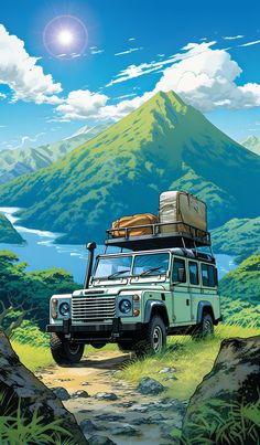 an image of a van with luggage on the roof parked in front of a mountain