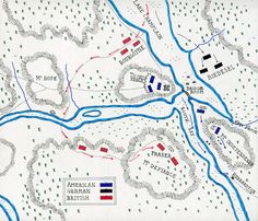 an old map shows the battle between two british and french forces, with red white and blue flags