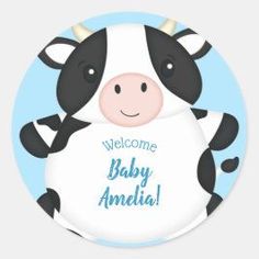 Cow Baby Shower Blue Classic Round Sticker #cow #farm #cute #kids #child #children #baby #shower #Birthday #party #toddler #party #supplies #custom #customized #personalized #sticker Baby Shower Details, Cow Birthday Party, Cow Baby Shower, Cow Birthday Parties, Cow Baby Showers, Baby Shower Blue, Cow Birthday, Cow Farm, Farm Theme