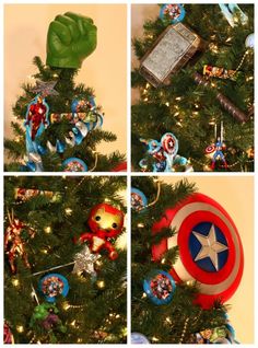 the avengers christmas tree is decorated with captain america ornaments and an iron man ornament