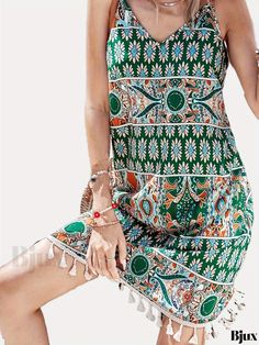 Bjux - Womens Boho V-neck Backless Cami Dress with Floral Print and Tassel Hem – Fashionable Womens Clothing Green Boho Print Beachwear Dress, Green Boho Dress For Beach Vacation, Green Boho Dress For Beach Season, Green Boho Dress With Boho Print For Summer, Summer Boho V-neck Dress With Tassel Ties, Summer Boho Dress With V-neck And Tassel Ties, Summer Green Boho Dress With Boho Print, Green V-neck Boho Dress For Beach Season, Green V-neck Boho Dress For Summer