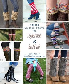 crochet patterns for leg warmers and boot cuffs are featured in this collage