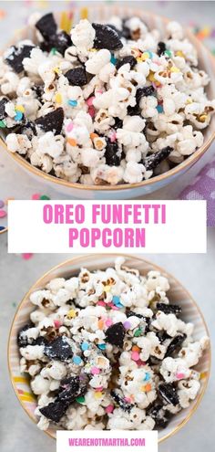 two bowls filled with oreo funfetti popcorn