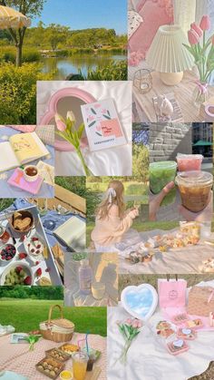 a collage of photos with pink and white items on the table, including an umbrella