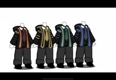 four men's jackets and scarfs are lined up in the same color scheme