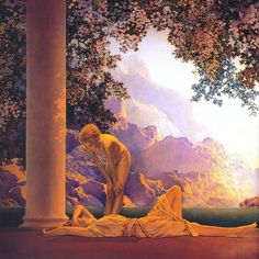 a painting of two women laying on the ground in front of some trees and mountains