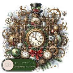 a clock surrounded by christmas ornaments and other decorations with a green ribbon around the clock