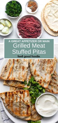 grilled meat stuffed pitas on a white plate