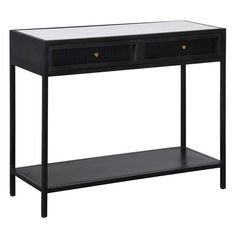 a black console table with two drawers on one side and an open drawer on the other