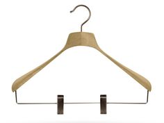 a wooden hanger with two clips attached to the top and bottom of it, on a white background