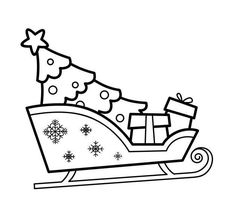 a black and white drawing of a sleigh with christmas gifts on the top