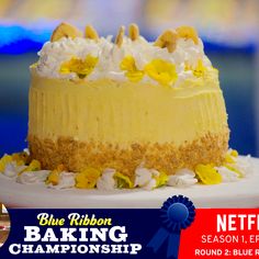 a blue ribbon baking championship cake on a plate